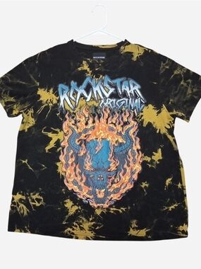 Rockstar Original Tie-Dye Skull Flame Tee - Black & Yellow